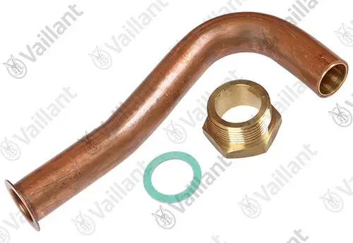 Kupferrohr mit gebogener Form und einem Messinganschluss sowie einer Dichtung, Teil eines Vaillant Heizsystems.